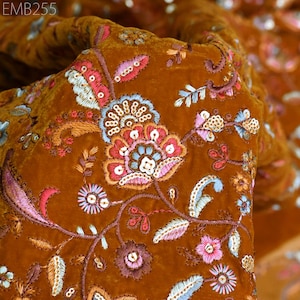 Mustard Indian Embroidered Velvet Fabric by yard Sewing DIY Crafting Wedding Dress Costumes Doll Bags Cushion Cover Table Runner Quilting