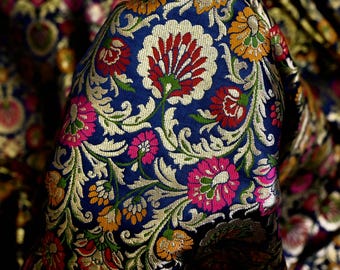 Indian Navy Blue Silk Brocade By The Yard Wedding Dress Banarasi Costume Material Sewing Crafting Blouses Curtain Upholstery Furnishing