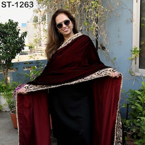 Burgundy Velvet Shawl Dupatta – Embroidered Floral Border Wrap for Bridal, Partywear & Groom Sherwani image 3