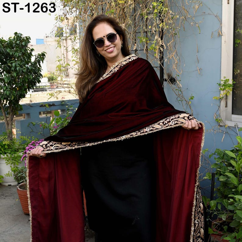 Burgundy Velvet Shawl Dupatta – Embroidered Floral Border Wrap for Bridal, Partywear & Groom Sherwani image 3