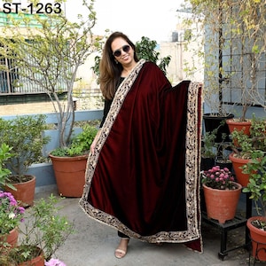 Burgundy Velvet Shawl Dupatta – Embroidered Floral Border Wrap for Bridal, Partywear & Groom Sherwani image 1