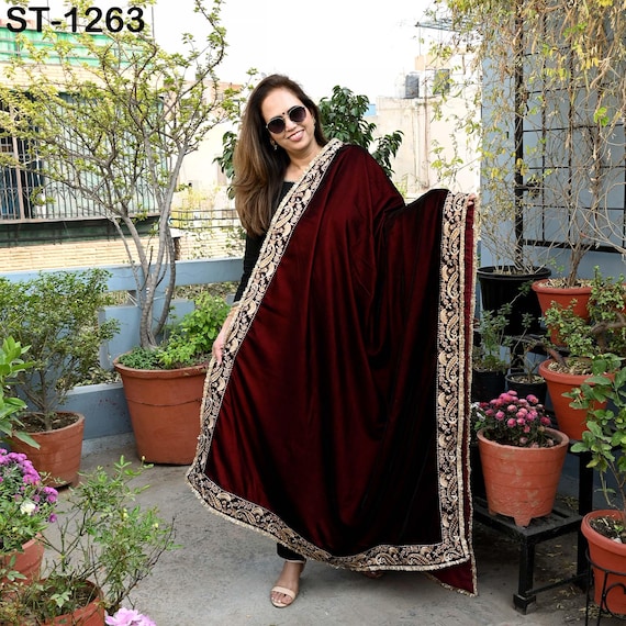 Burgundy Velvet Shawl Dupatta – Embroidered Floral Border Wrap for Bridal, Partywear & Groom Sherwani