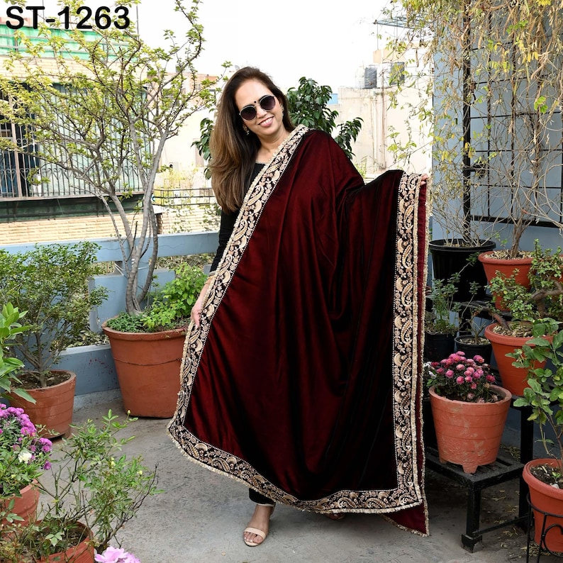 Burgundy Velvet Shawl Dupatta – Embroidered Floral Border Wrap for Bridal, Partywear & Groom Sherwani image 1