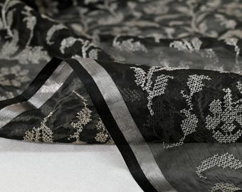 Black Embroidered Organza Dupatta – Sheer Floral Scarf with white Threadwork | Indian Ethnic Dupatta | Party Wear Dupatta Gift for Her