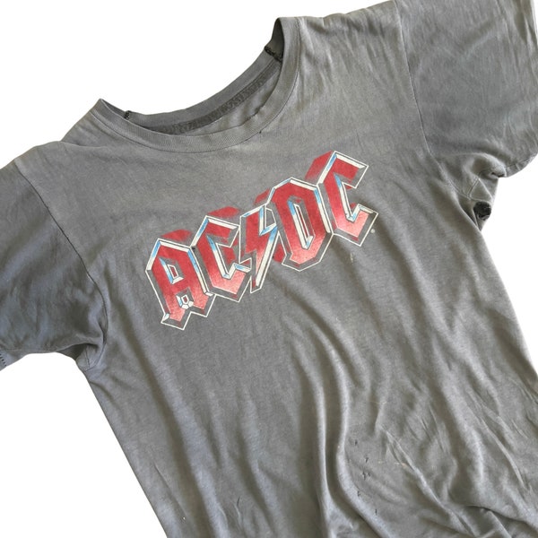 RARE 1970s AC/DC Thrashed Paper Thin Tee sz Large Authentic Vintage Single Stitch Buttery Soft Double-Sided Rock T-shirt