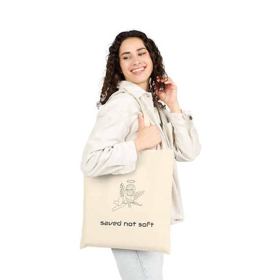 Saved Not Soft Tote Bag | Cotton Canvas Reusable Shopping Bag, Eco-Friendly Gift, Cute Market Tote, Angel Design, Everyday Use