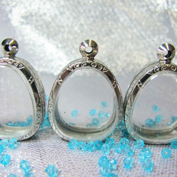 Large Tear Drop  Engrave Pendant Case,set of 3, Reliquaries, Shadow Box Pendants, Clear Locket, Necklace Containers, Terrarium Necklace