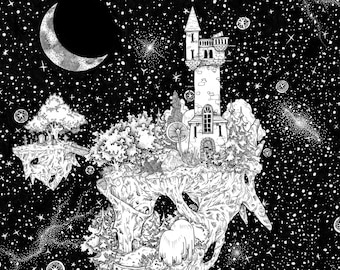 wizard's Tower sky island SIGNED pen ink illustration PRINT. Various sizes. Sci-fi fantasy night landscape wander explore adventure.