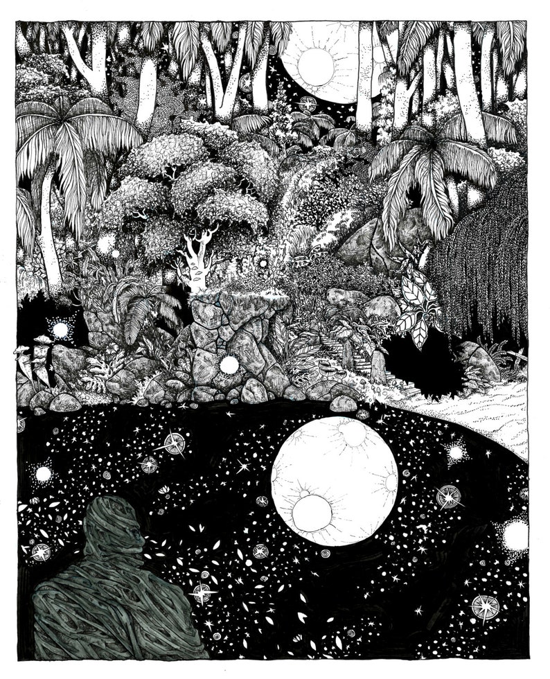 Dreaming Pool of Boo'ya Moon SIGNED PRINT illustration pen ink Stephen King Lisey's Story fantasy landscape, Various Sizes. Lake ocean coast image 1