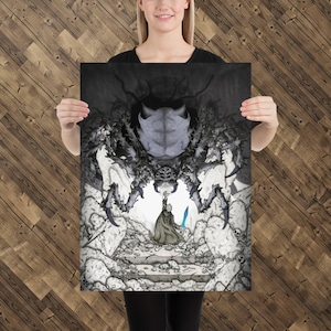 May include: A black and white illustration of a person facing a large, menacing spider-like creature with multiple legs. The person is holding a sword and appears to be facing the creature head-on.