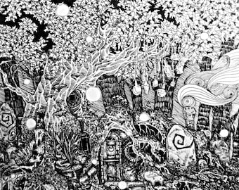 Unter dem Baum; pen and ink signierte Illustration Druck, Haus unter Baum Kugeln Zauberer Eidechse Moos Pilze Wald Waldgebiete altes Fantasy Land