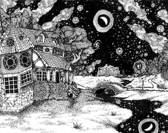 Along The Road to the Tower, pen ink illustration PRINT. Various sizes. Abandoned house countryside fantasy outdoors night landscape explore