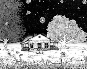 Under The Stars pen ink illustration PRINT. Various sizes. Abandoned house at dusk. Country landscape, outdoors adventure, explore wander