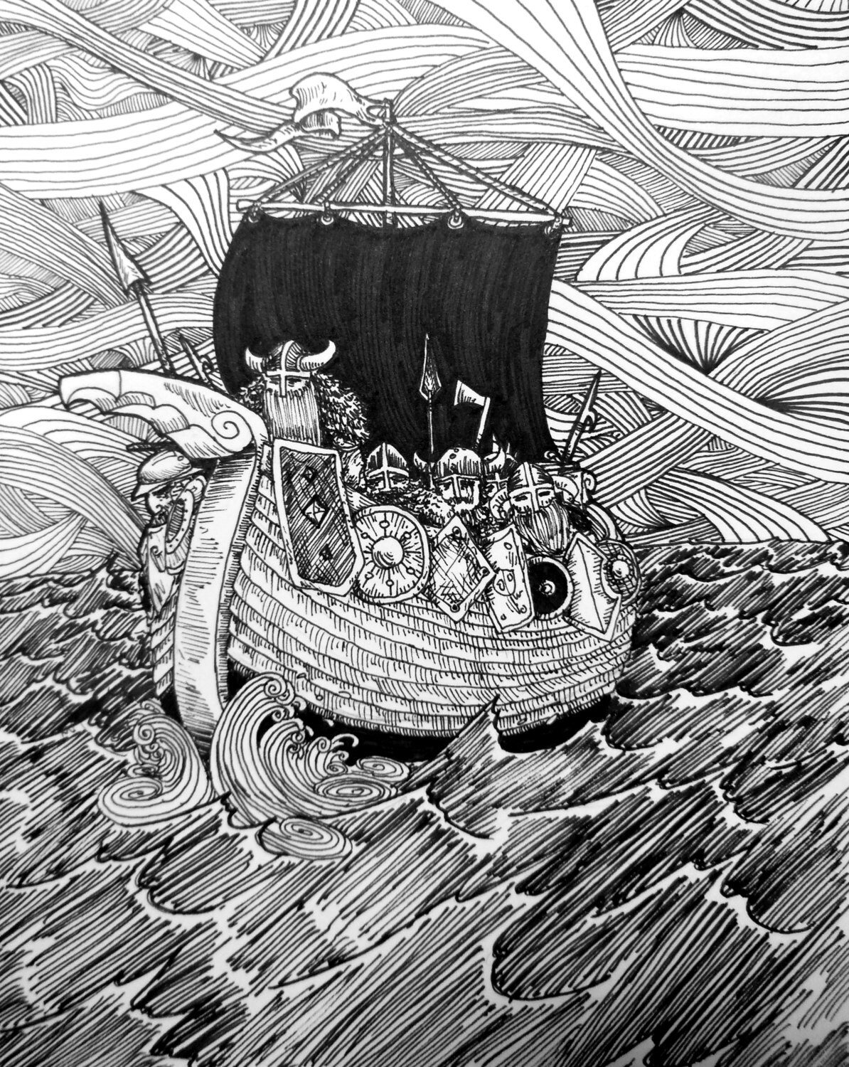Wikinger Schiff Druck Stift und Tinte Illustration Reise von Wikingern auf der Suche nach Sieg über die kalten viscious Meere verschiedene Größen erhältlich