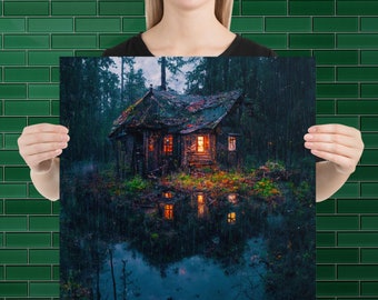 In the Woods Poster, cabin in the woods in the rain, country forest, landscape