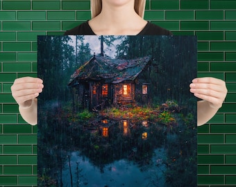 In the Woods Poster, Hütte im Wald bei Regen, Wald, Landschaft