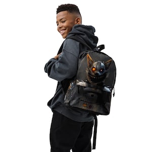 Könnte beinhalten: Schwarzer Rucksack mit einem bedrohlichen, roboterhaften Wolfsdesign mit leuchtend orangefarbenen Augen und scharfen Zähnen. Der Rucksack hat einen dunkelgrauen Hintergrund und eine Vordertasche. Die Träger und die Rückseite sind schwarz.