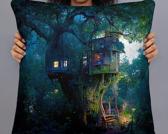 Dream House Basic Pillow, Fantasy overgrown backyard treehouse adventure daydream childhood