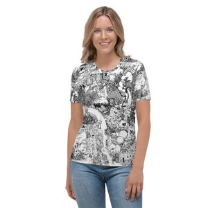 Rapunzel Fairytale Doodle Femme T-shirt illustration carte paysage fantastique, forêt d’enchantement, choses cachées, aventure en plein air explorer