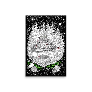 May include: A black and white illustration of a small cabin in a snowy forest, floating in space. The cabin has a chimney and a sign that reads "Welcome There". The forest is surrounded by stars and planets.