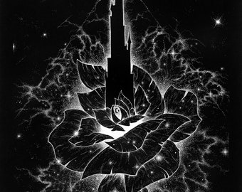 Tower and Rose SIGNED illustrated PRINT Stephen King dark tower castle Rose Universe gunslinger guardians beam space stars mythos