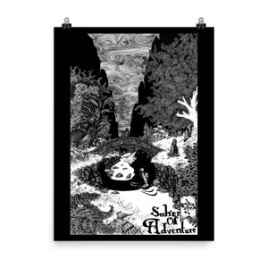 Seeker of Adventure POSTER, pen ink illustration. Various sizes.  Troll Bridge illustration fantasy landscape outdoors adventure explore