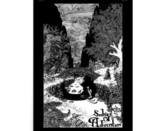 Seeker of Adventure POSTER, pen ink illustration. Various sizes.  Troll Bridge illustration fantasy landscape outdoors adventure explore