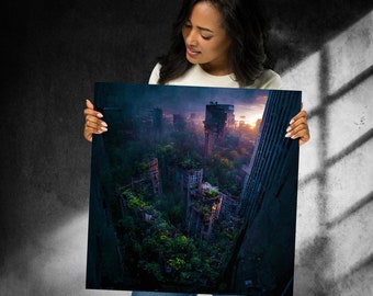 Collapse Poster, Abandoned overgrown post-apocalyptic fantasy sci-fi adventure cityscape landscape sunset