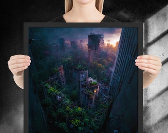 Collapse Framed poster, Abandoned overgrown post-apocalyptic city nature landscape adventure sunset