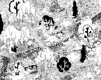 Mapa z rysunkiem Czerwonego Kapturka, ilustracja piórem i tuszem. DRUK. Bajkowy rysunek fantasy Grimsów.