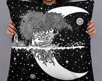 Sweet Dreams Sky Island Basic Pillow, pen and ink illustration PRINT, scifi fantasy night time tree moon