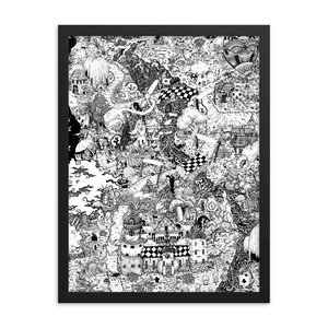 Alice im Wunderland Doodle Map Gerahmt Poster, Tusche Illustration PRINT. Lewis Carroll Cheshire Katze Mad Hatter Fantasy Abenteuer Landschaft