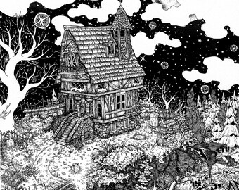 Autumn House, pen ink SIGNED Illustration PRINT various sizes Halloween spooky fantasy landscape outdoors adventure explore werewolf ghost