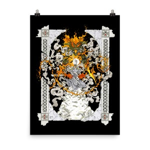 May include: A black and white illustration of a figure in a white robe holding a sword, surrounded by flames and smoke. The figure is standing on a rocky platform within a stone archway.