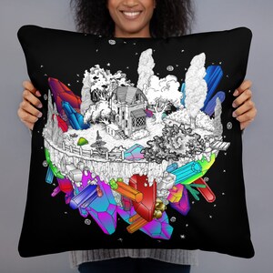 Crystal House Sky Island Basic Pillow sci-fi fantasy landscape to explore, wander, dream