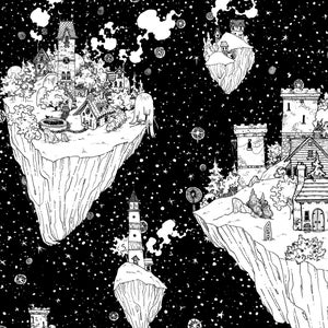 Light House Village firmó la ilustración de tinta de pluma PRINT. varios tamaños. Casas, casa de campo, torres, ragtag cielo isla al aire libre paisaje explorar