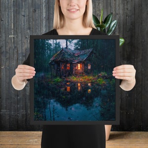 In the Woods Framed poster old overgrown cabin in the forest in rain, woodland landscape fantasy