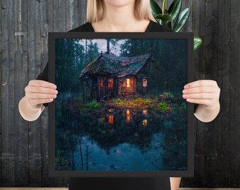 Könnte beinhalten: Gerahmter Kunstdruck mit einer detaillierten Illustration einer rustikalen Hütte in einem dunklen, nebligen Wald. Die Fenster der Hütte leuchten mit warmem Licht, das sich im ruhigen Wasser darunter spiegelt. Das Kunstwerk ist in einem schwarzen Rahmen.