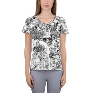 Rapunzel Fairytale doodle All-Over Print Women’s Athletic T-shirt, illustration magique carte du paysage fantastique. Sorcière, princesse, cachée