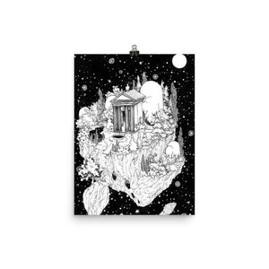 Memento Mori Poster. Pen ink illustration PRINT. Various sizes. Floating fantasy sky island outdoors landscape tomb. Explore. Adventure.