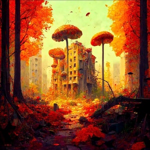 Póster Otoño Abandonado, Varios Tamaños. antigua ciudad cubierta de vegetación en otoño, apocalipsis de distopía de hongos para explorar y pasear