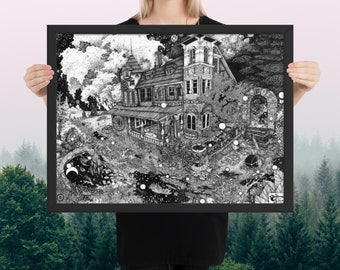 Hear You Calling in the Dead of Night Framed poster, Echoes pen and ink Illustration print, abandoned old house woods country landscape