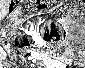 Um die Ecke Stift Tinte SIGNIERTER DRUCK. Verschiedene Größen! Zauberhafter zauberhafter zauberhafter Wald, Wichtel, Fantasy Landschaft Wald Pfad Abenteuer erkunden