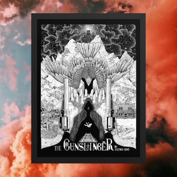 The Gunslinger FRAMED poster, pen ink illustration PRINT, Stephen King Dark Tower series, Sci-Fi Fantasy Western Horror