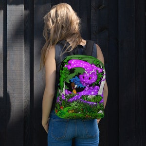 Girl and her Dragon Backpack Whimsical Enchanted Magical Fantasy Landscape pen ink illustration adventure explore read