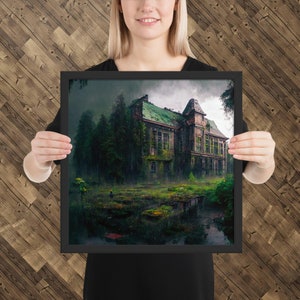Library Framed poster Post-apocalyptic abandoned overgrown library country forest woods landscape