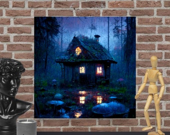 Warm Inside Poster, Cabin in the woods rainy enchanted magical fantasy gloom twilight forest explore wander