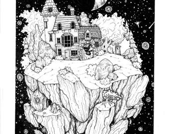 No Place Like Home signed pen and ink illustration PRINT various sizes available black and white house in space trees and nature cottage