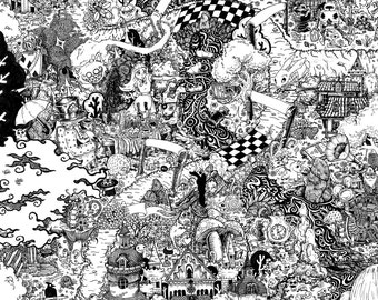 Alice in Wonderland pen ink illustrated PRINT Doodle Map fairytale landscape seek find various sizes, Lewis Carroll cheshire cat fantasy