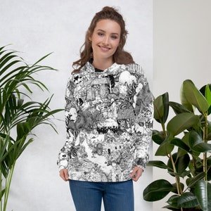 Rapunzel Fairytale Doodle Unisex Hoodie, illustration magisk fantasi landskap doodle, utomhus äventyr utforska sök hitta gömda saker